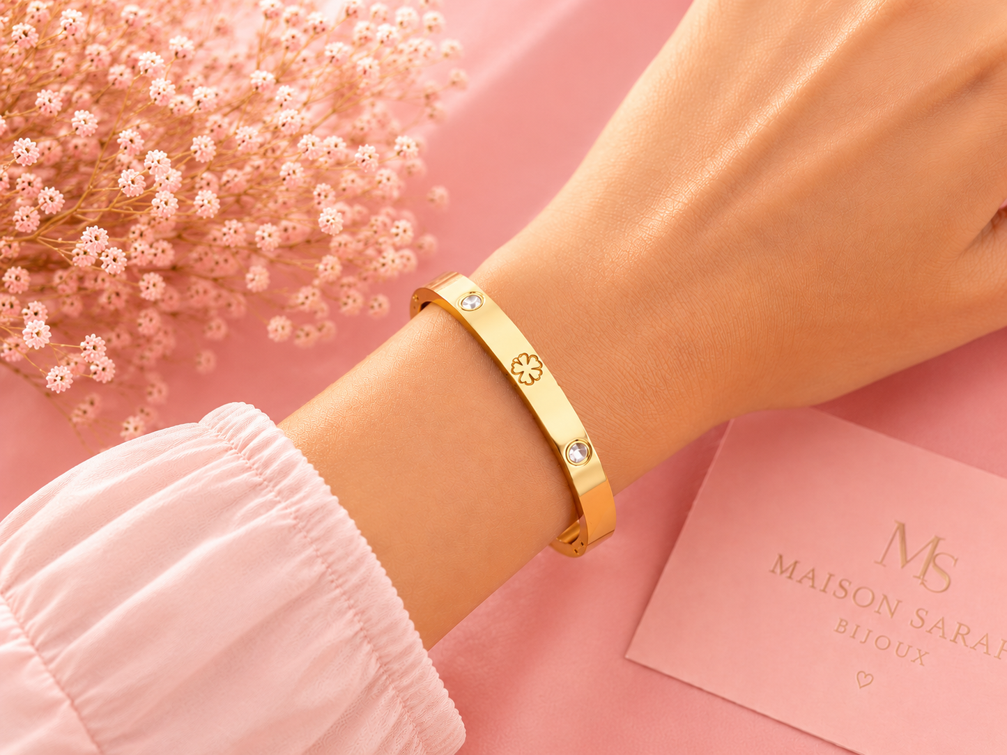 Bracelet Jonc Élégance Cœur & Trèfle – Acier Inoxydable